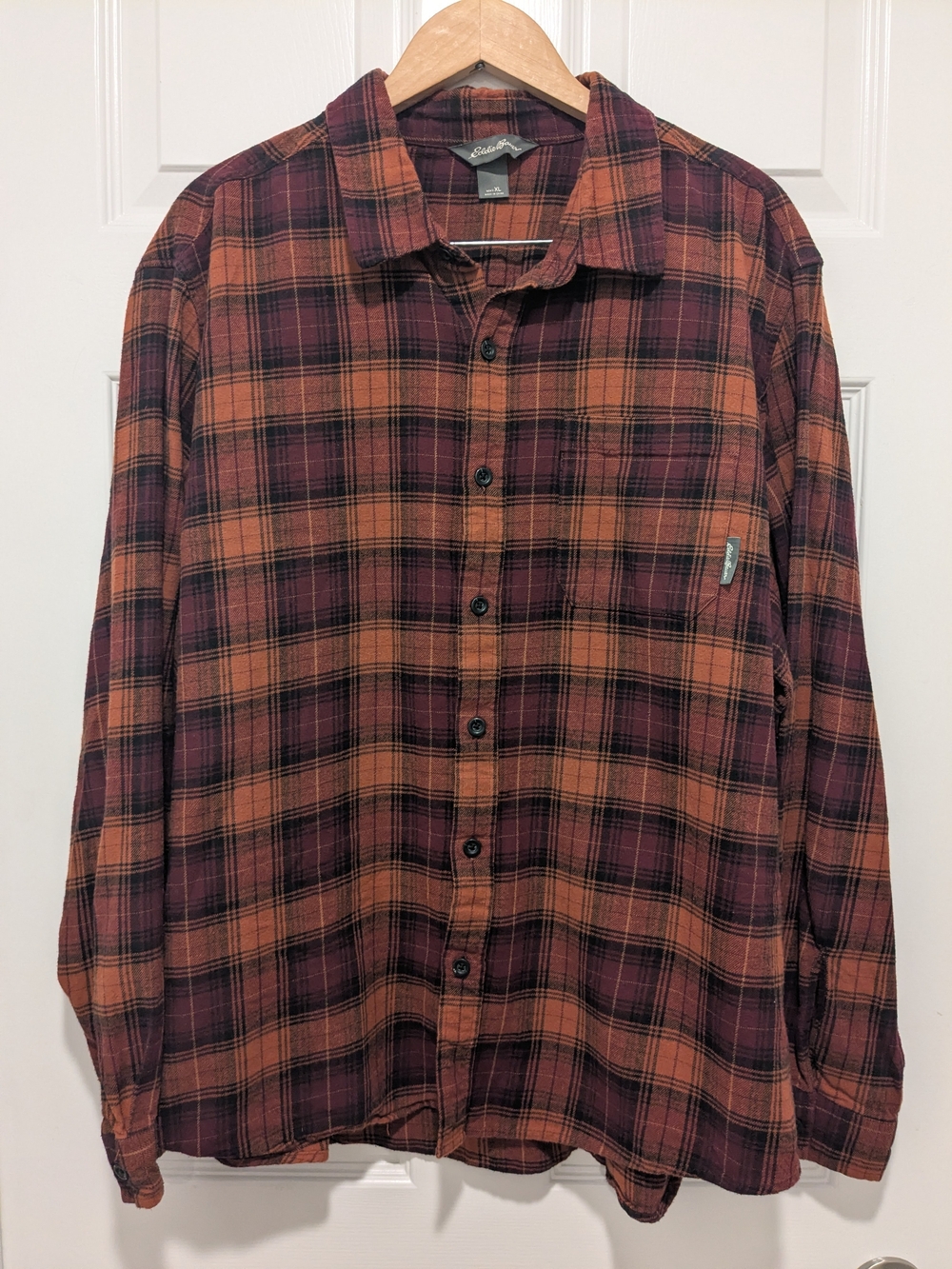 Eddie Bauer Men’s Long-Sleeve Plaid Button-Up Shirt - Rust/Burgundy